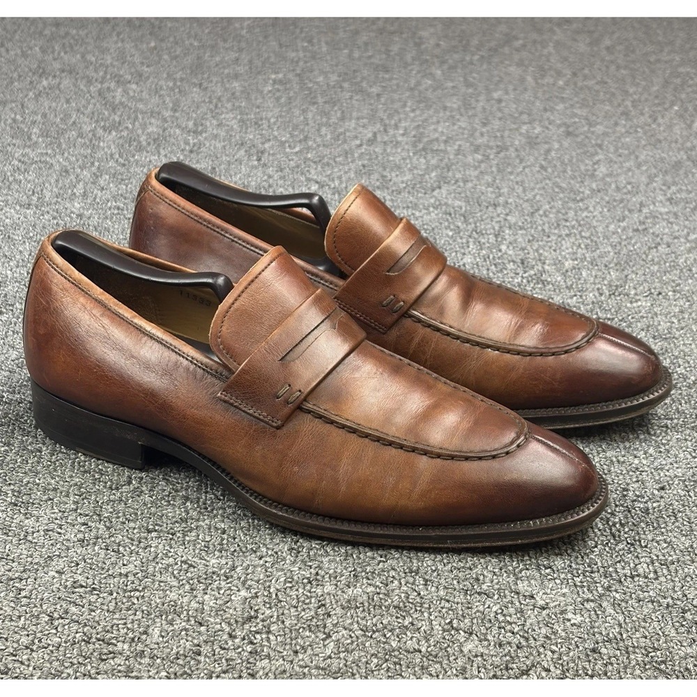 Magnanni Brown Leather Penny Loafers Mens 7 Spain Burnished Apron Toe Dress Shoe